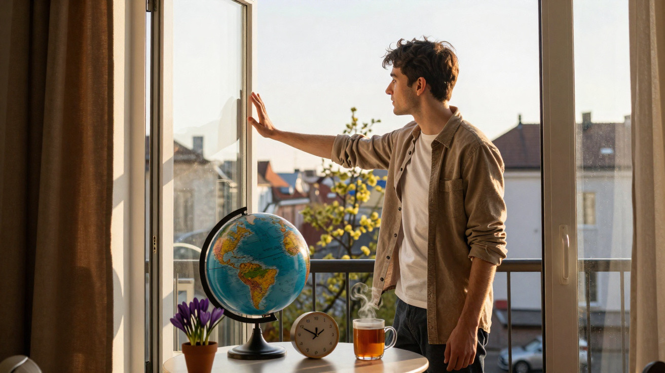 Jovem abre janela em ambiente interno com globo terrestre, vaso de flores, relógio e xícara de chá na mesa.