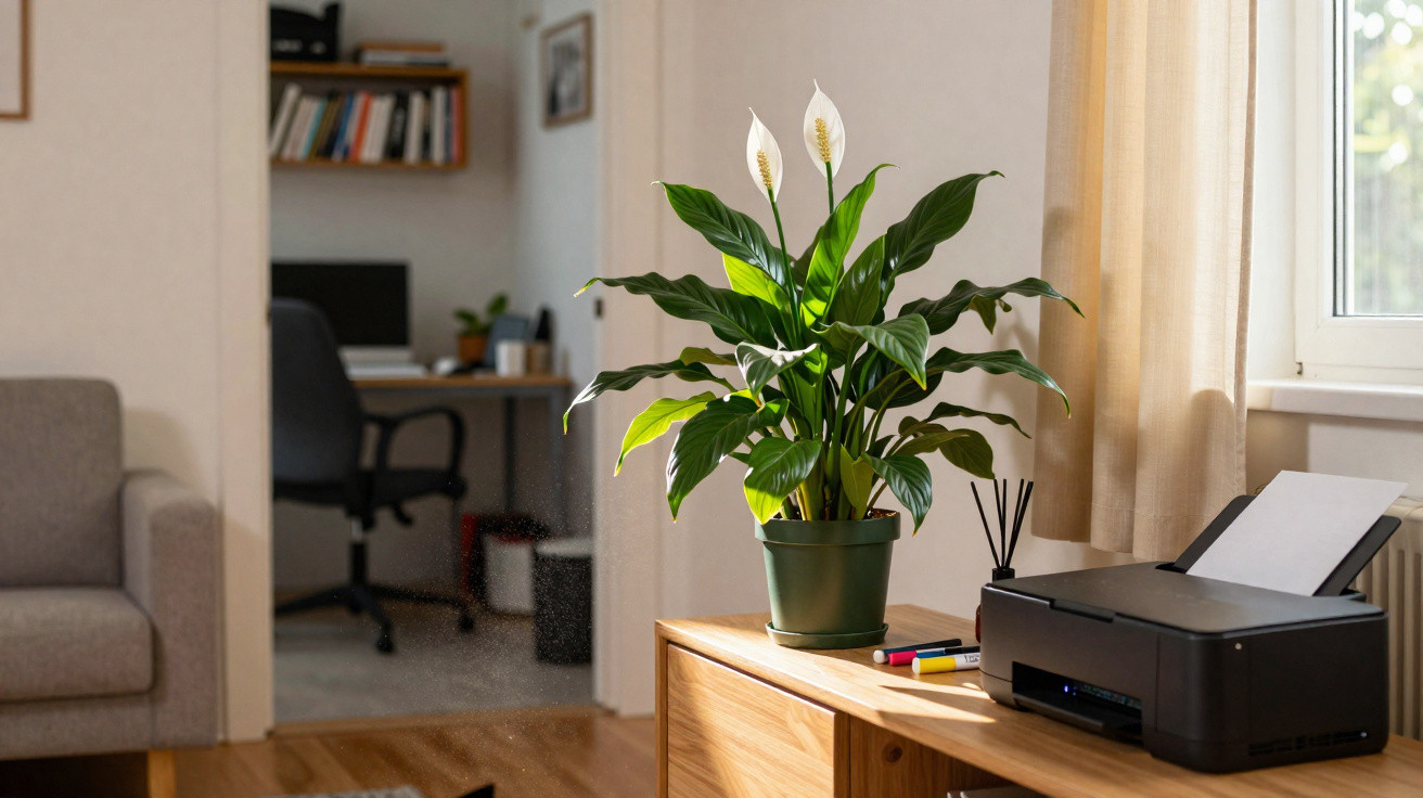 Planta em vaso com flores brancas sobre móvel de madeira ao lado de impressora em sala iluminada por janela.