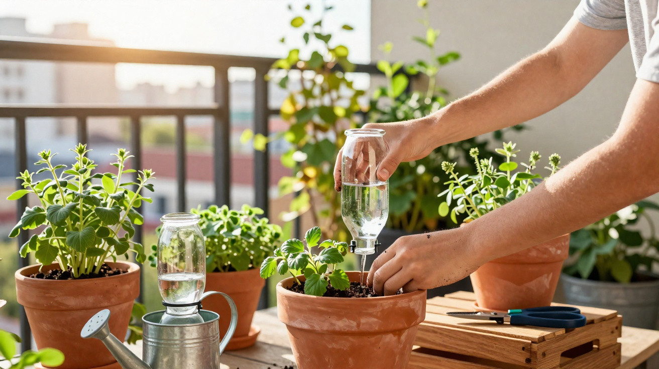 Pessoa regando plantas em vasos de barro com regador e sistema de automação caseiro em varanda ensolarada.