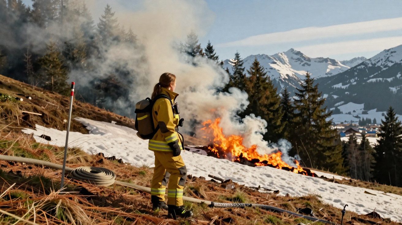 Bombeira com roupas de proteção observa fogo controlado em área de montanha com neve e árvores ao fundo.