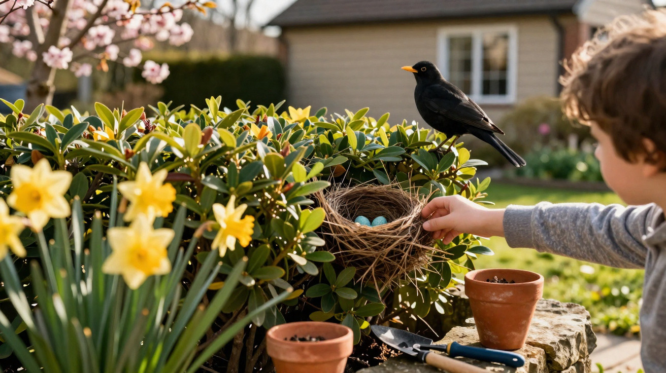 Criança observa ninho com ovos azuis em arbusto com pássaro preto e flores amarelas no jardim.