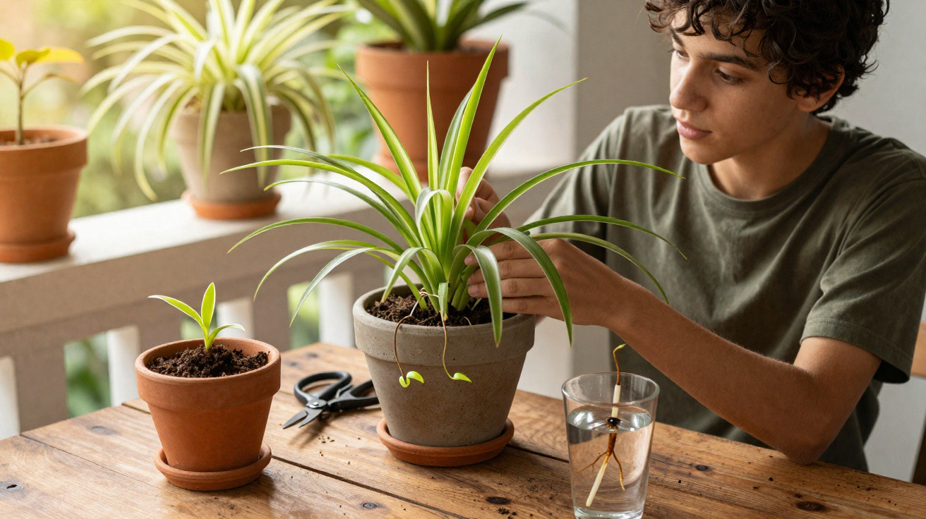 Jovem cuidando de plantas em vasos de barro sobre mesa de madeira perto de janela iluminada.