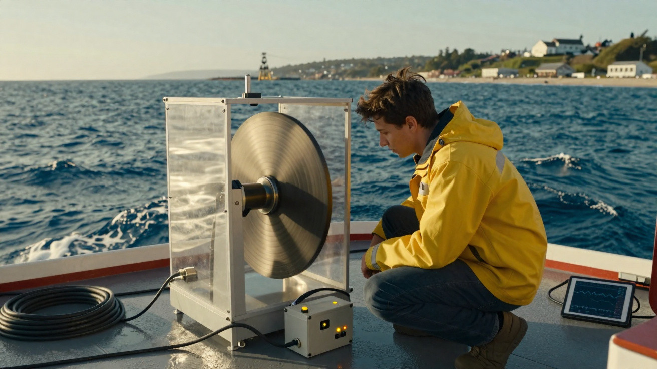 Jovem de jaqueta amarela observa equipamento científico giratório em barco no mar próximo à costa.