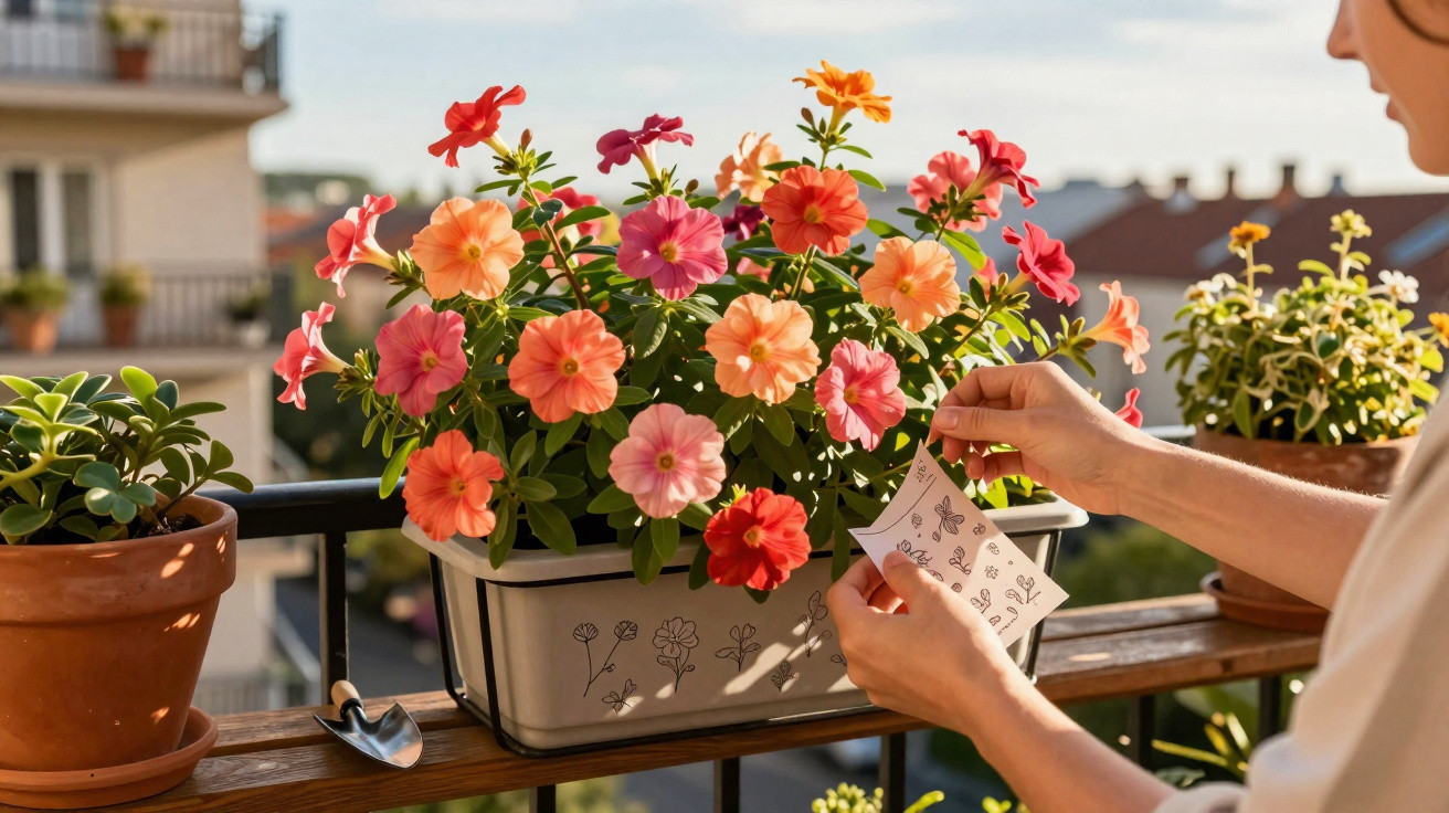 Pessoa aplicando adesivos decorativos em vaso com flores coloridas em varanda ensolarada.