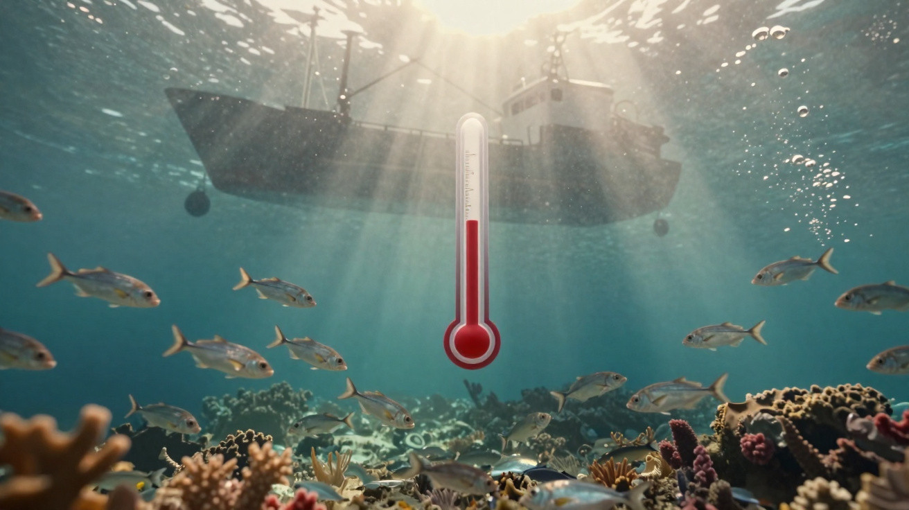 Termômetro submerso em recife de coral com cardume de peixes e barco na superfície iluminado pelo sol.