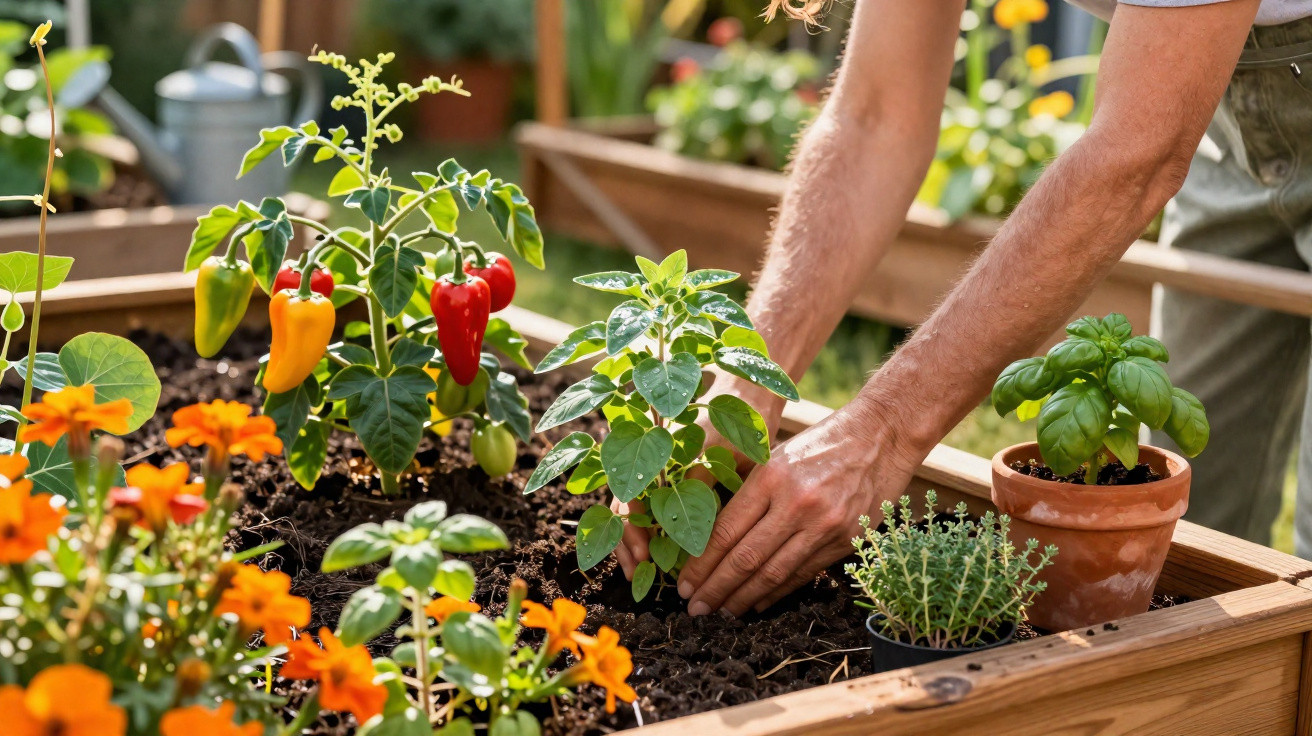 Pessoa plantando hortaliças e ervas em canteiro elevado com pimentas e flores coloridas.