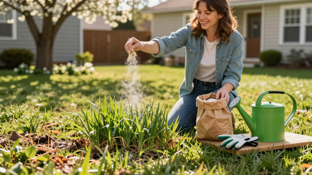 Mulher sorridente semeando plantas em um jardim residencial ensolarado com regador e luvas ao lado.