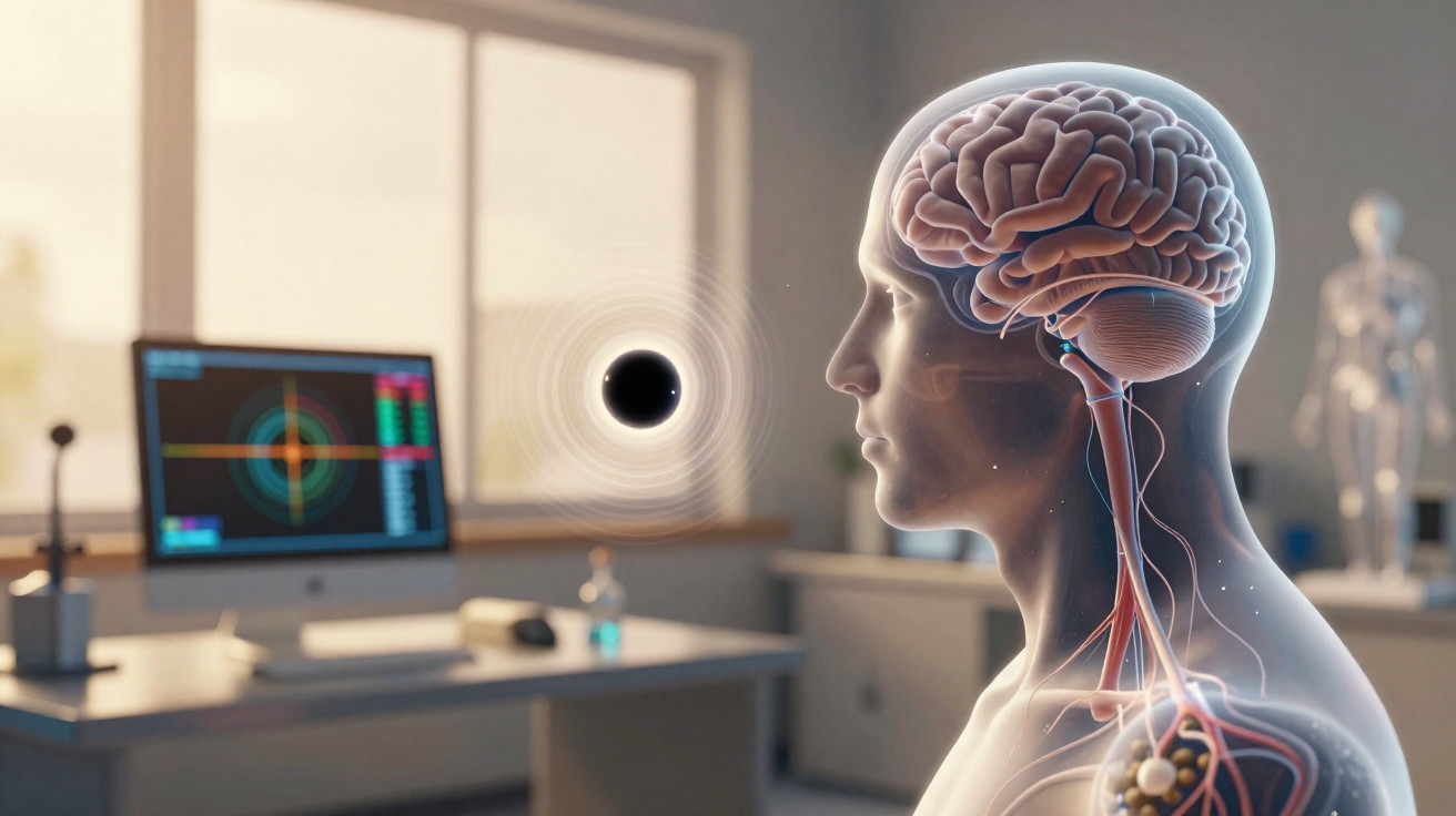 Imagem digital de um cérebro humano com sistema nervoso em transparência, ao fundo um escritório com computador.