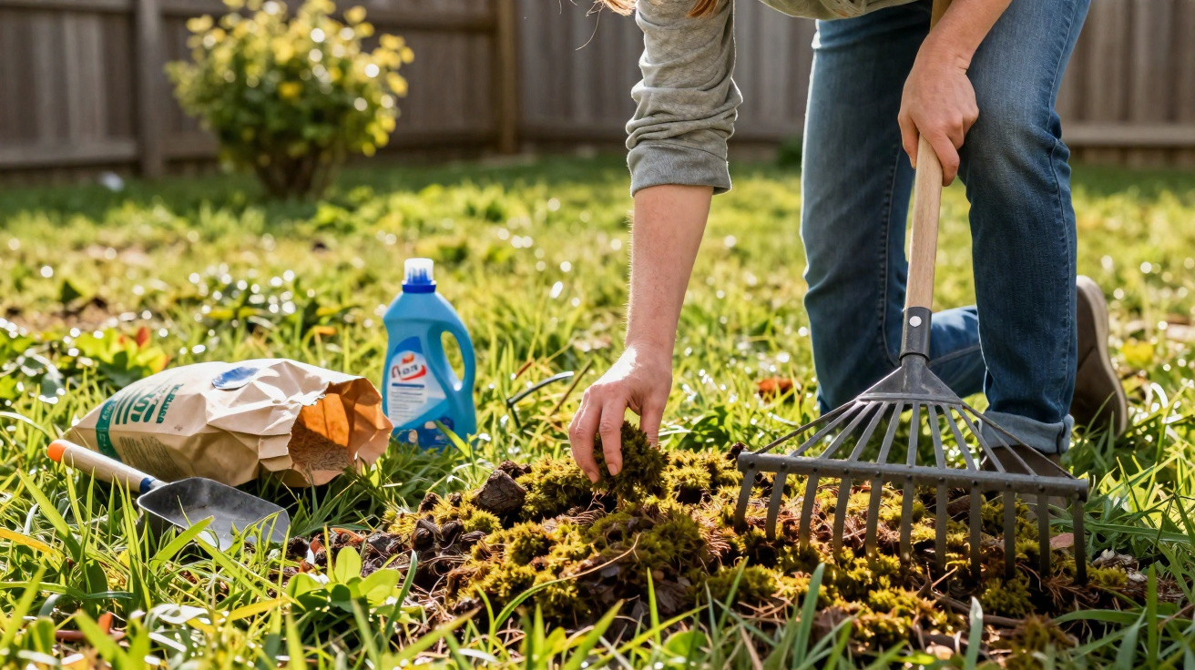 Pessoa usando rastelo para cuidar do solo em jardim com saco de fertilizante e garrafa de produto ao fundo.