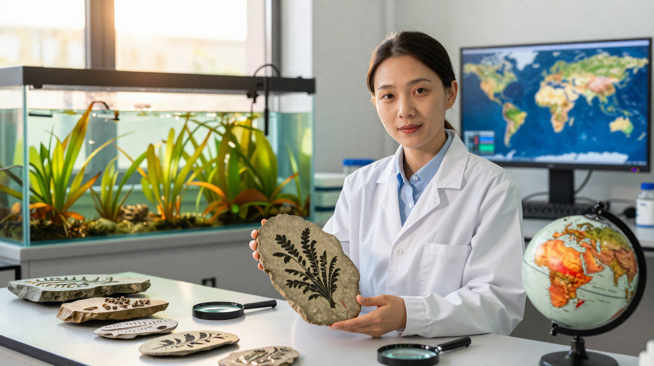 Cientista em jaleco mostra fóssil de planta em laboratório com aquário e mapas ao fundo.