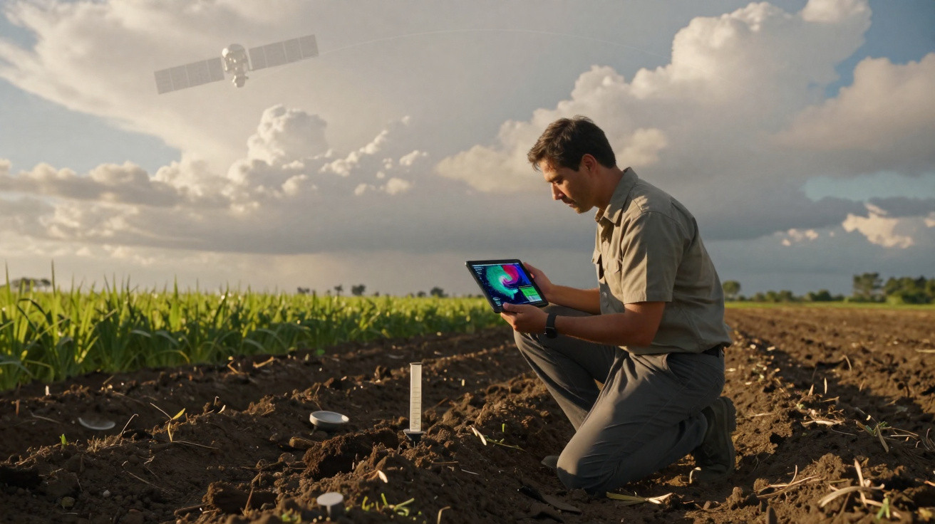 Homem analisa dados em tablet em campo agrícola com satélite visível no céu ao fundo.