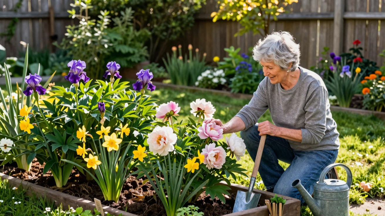 Mulher idosa cuidando do jardim com flores coloridas, regador e enxada ao lado.