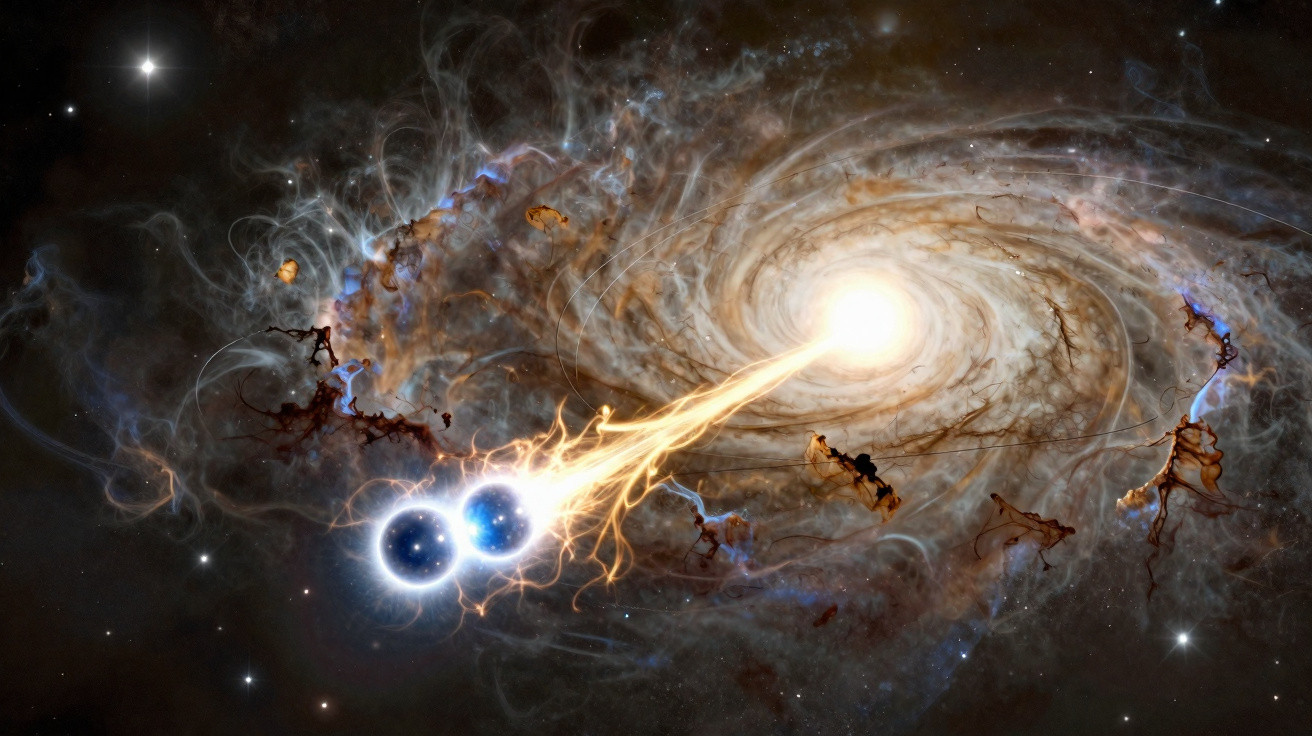 Dois buracos negros interagindo com fluxo de energia e uma galáxia espiral luminosa ao fundo.