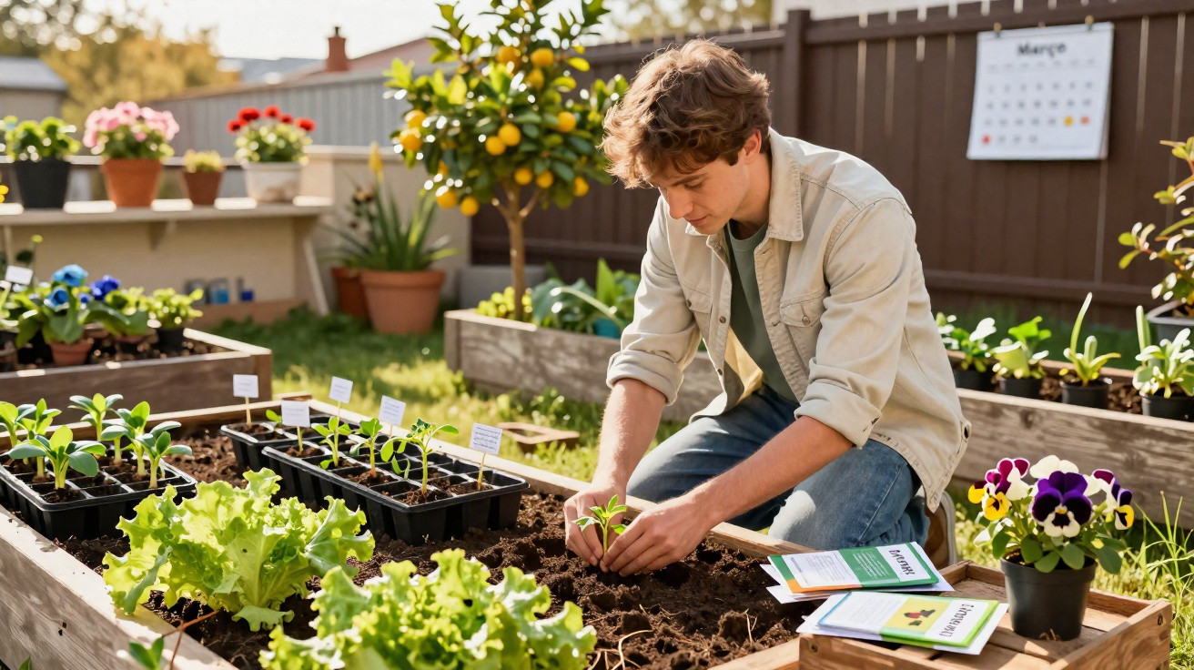 Jovem plantando muda em canteiro de jardim com hortaliças e flores em ambiente externo ensolarado.