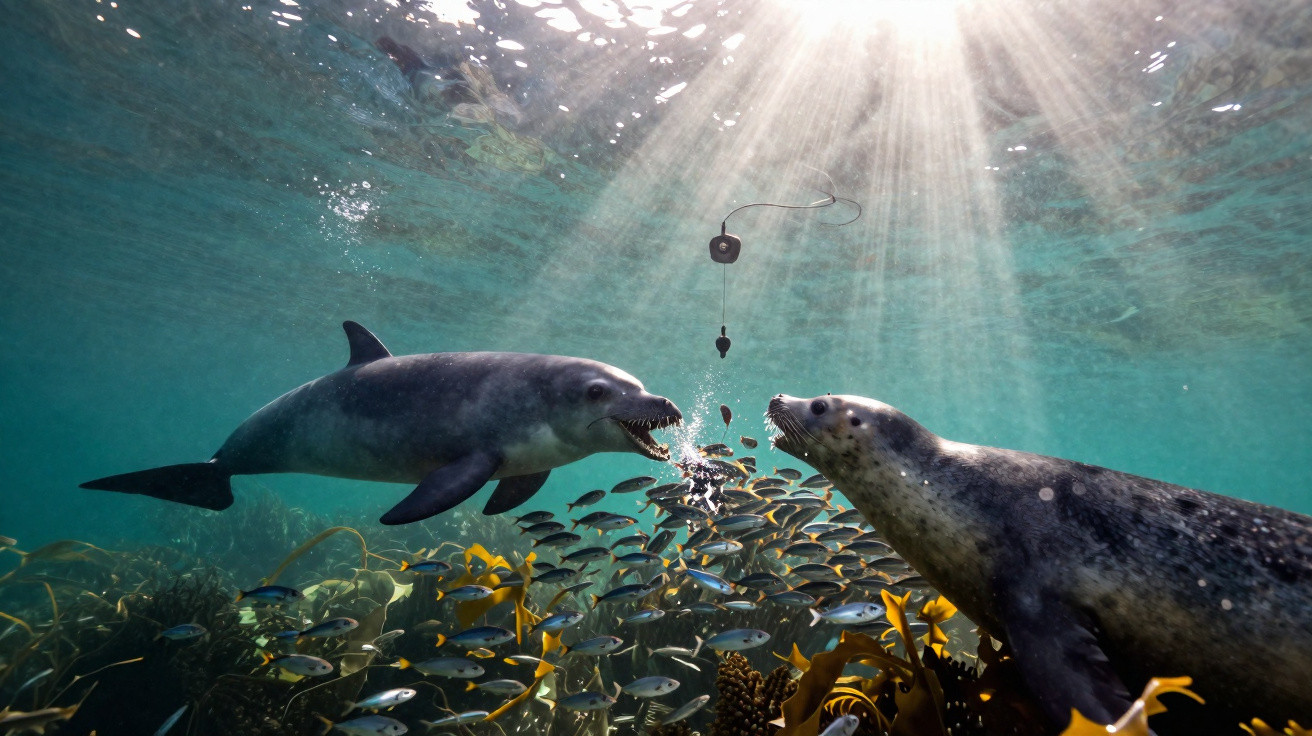 Golfinho e foca nadando juntos entre peixes e plantas marinhas sob luz solar na água cristalina.