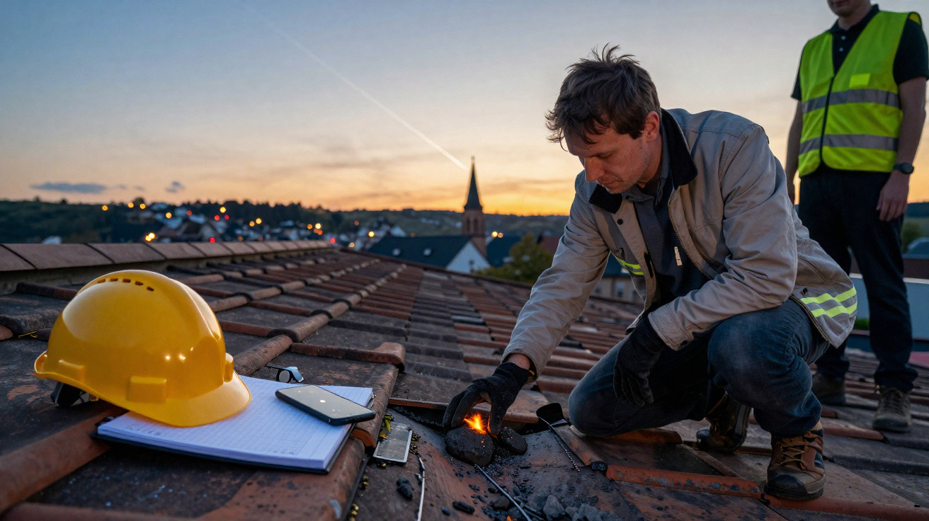 Trabalhador com luvas acendendo fogo em telhado de cerâmica ao entardecer com capacete e caderno ao lado.