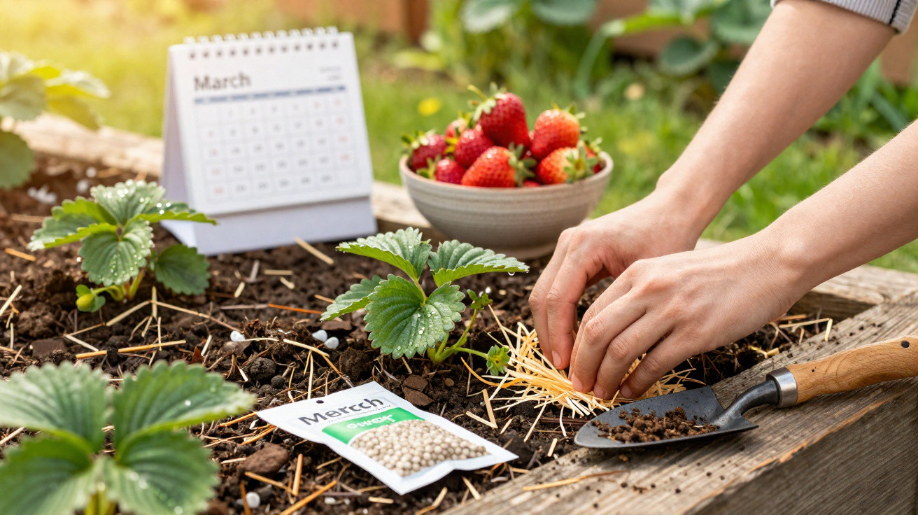 Mãos cuidando de morangueiras em horta com calendário de março, pote com morangos e sementes.