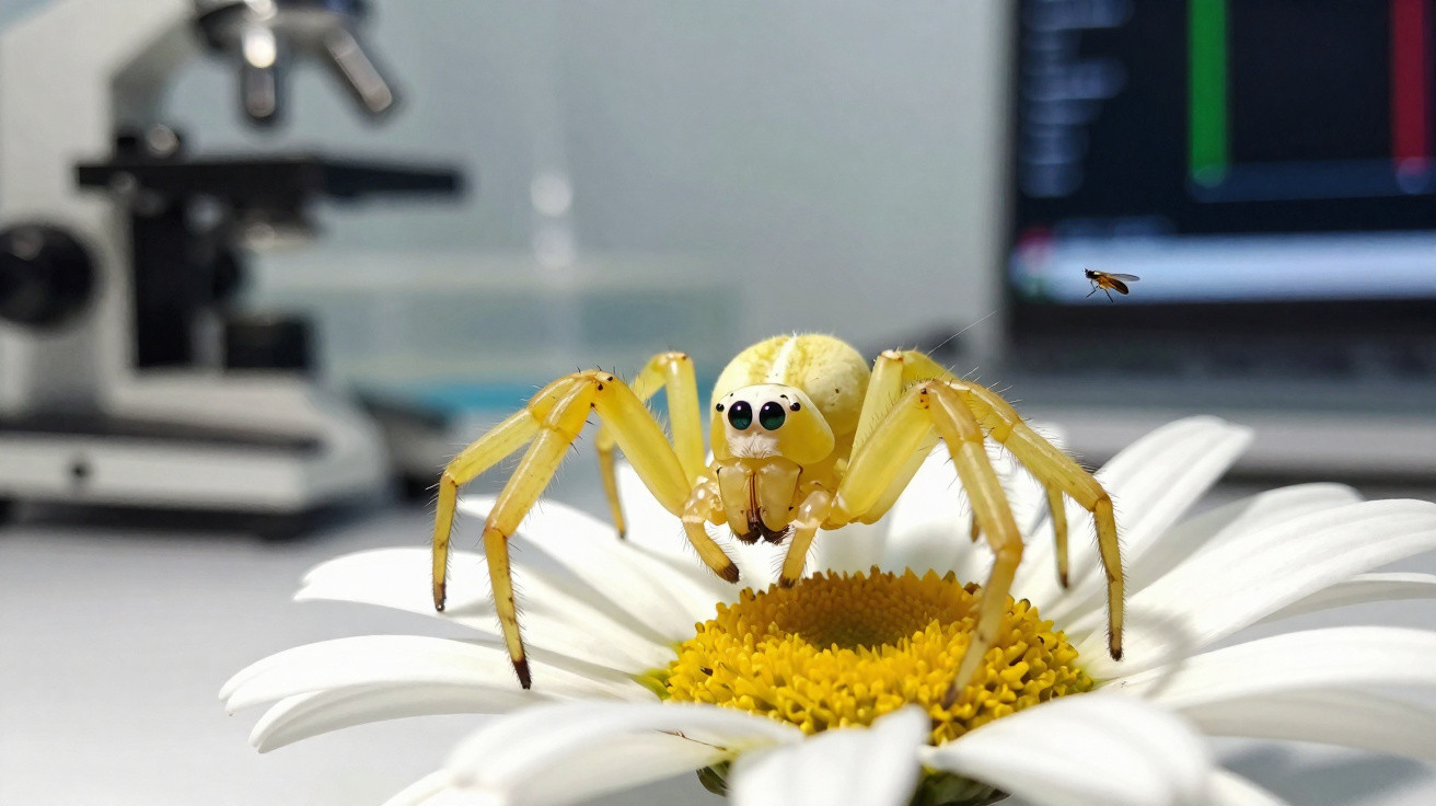 Aranha amarela sobre flor branca com miolo amarelo em ambiente com microscópio e computador ao fundo.