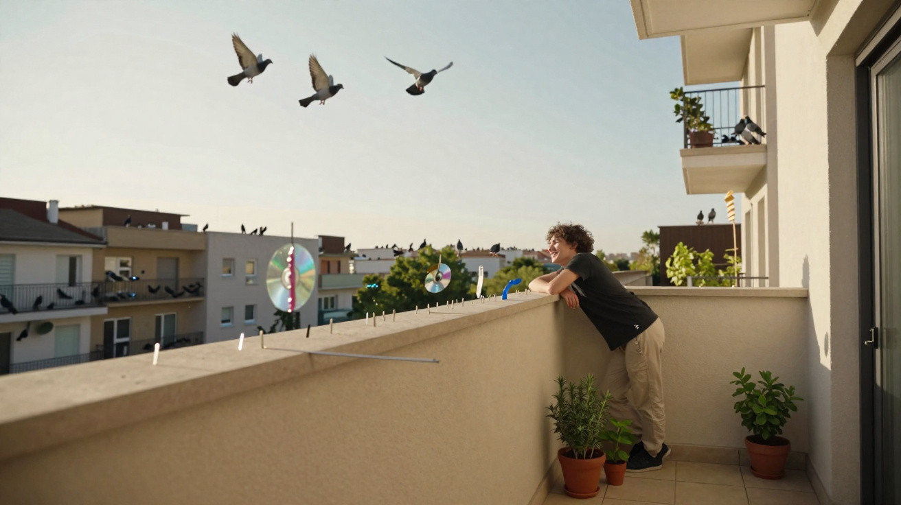 Jovem observa pombos voando em sacada com plantas e discos refletivos presos no parapeito.