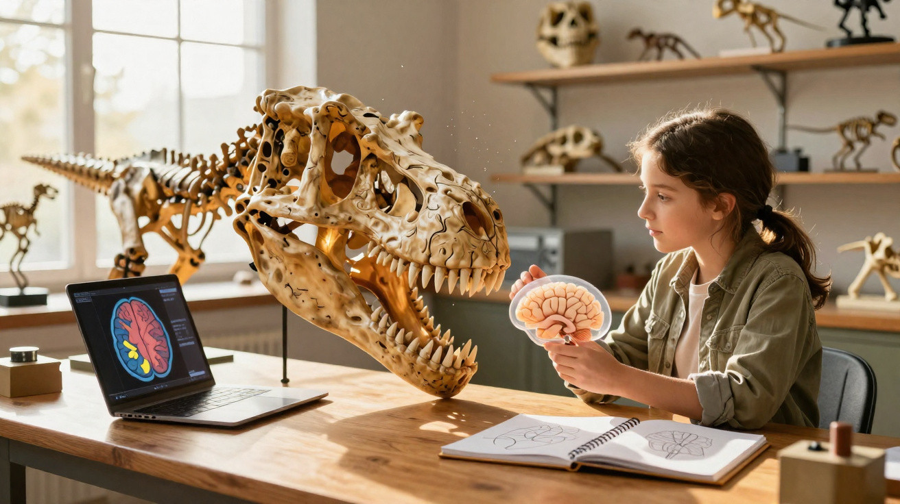 Menina estudando cérebro com esqueleto de dinossauro e laptop em sala com fósseis e livros.