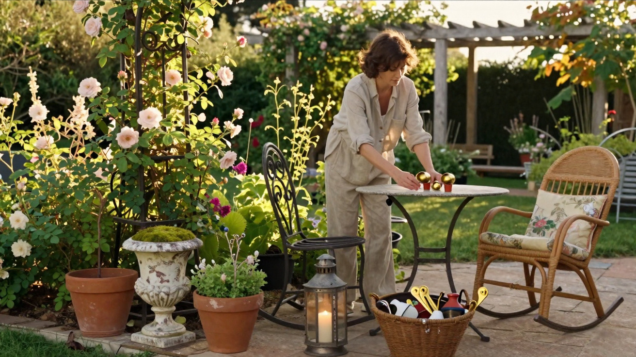 Mulher arrumando mesa em jardim com flores, cadeira de vime e cesta com utensílios ao chão.