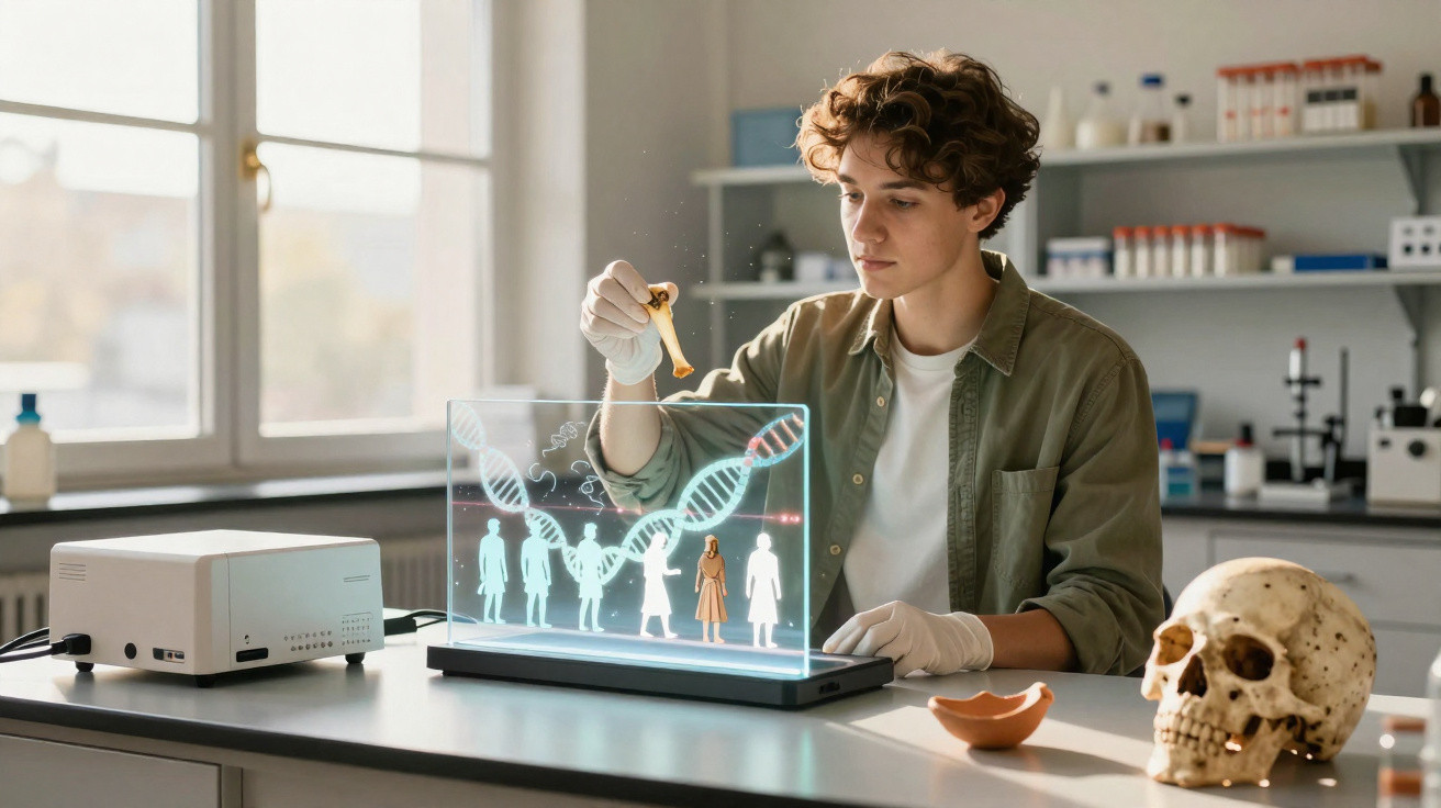 Jovem cientista manipula holograma de DNA humano em laboratório com caveira e equipamentos científicos.