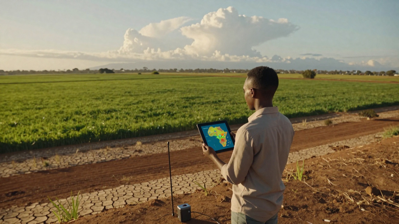 Homem negro usando tablet para monitorar dados agrícolas em campo aberto com céu azul e nuvens brancas.