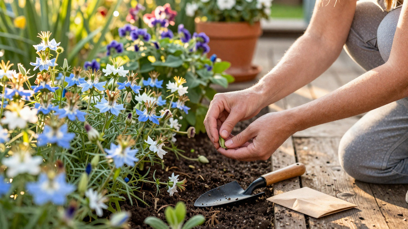 Pessoa plantando sementes em jardim com flores brancas, azuis e lilás, ao lado de uma pequena pá de jardinagem.