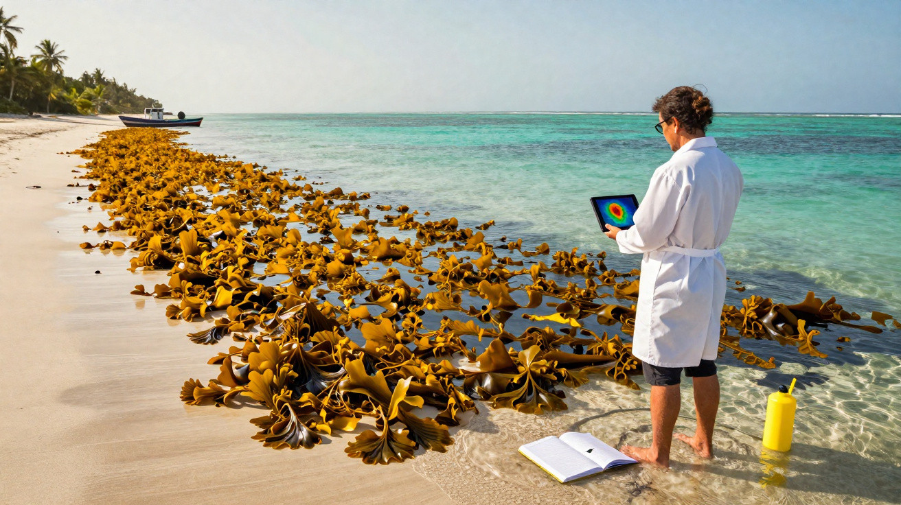 Pesquisador em jaleco analisa dados em tablet na praia com algas marinhas e mar ao fundo.