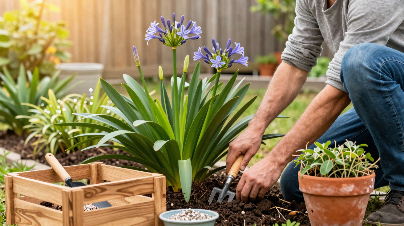 Pessoa cuidando de plantas floridas em um jardim ensolarado com ferramentas e vasos ao redor.