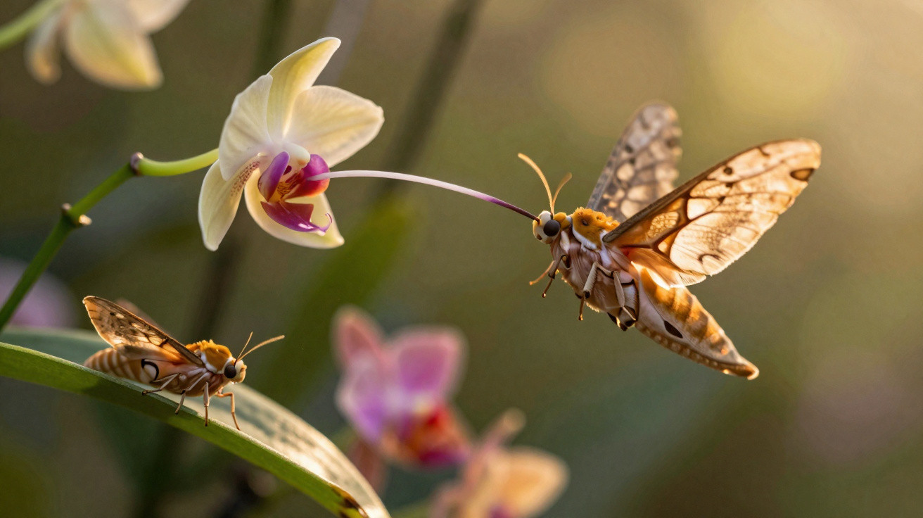 Borboleta amarela pousada em folha e outra sugando néctar de orquídea branca com detalhes roxos.