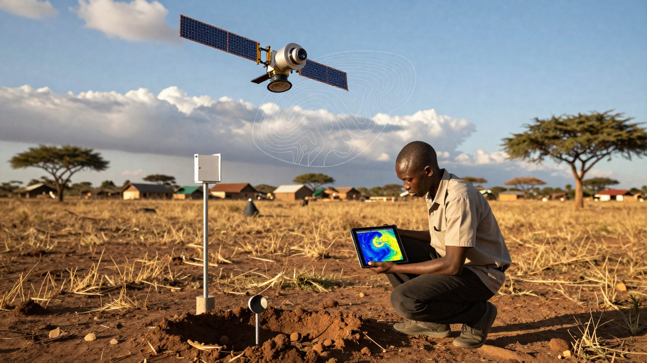 Homem africano usando tablet ao lado de sensores no solo em área rural com satélite sobrevoando no céu.