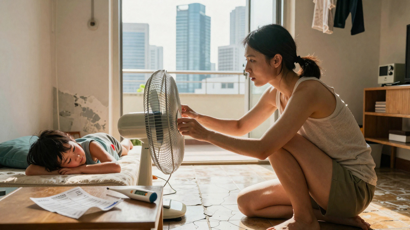 Mulher ajusta ventilador enquanto criança descansa na cama em quarto com vista para prédios altos.