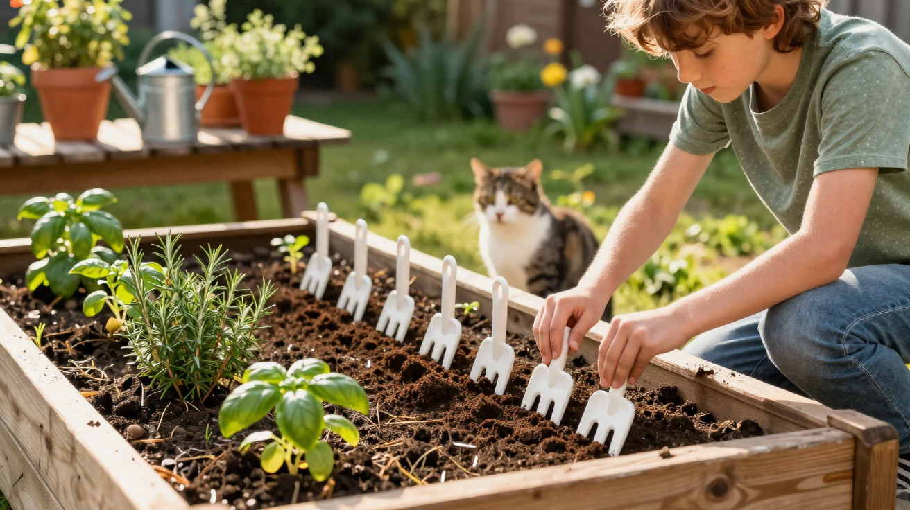 Criança plantando mudas em canteiro de madeira com gato sentado ao fundo no jardim ensolarado.