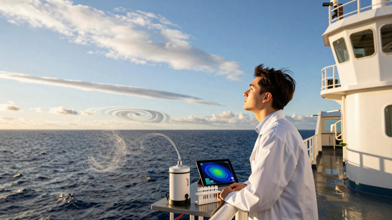 Homem de jaleco observa o mar no convés de um navio com equipamentos científicos ao lado.