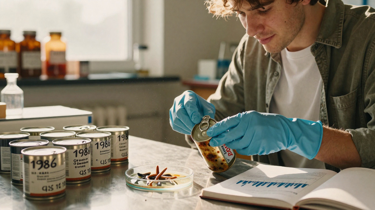Jovem usando luvas azuis examina insetos em petri e latas de estudo datadas em mesa de laboratório.
