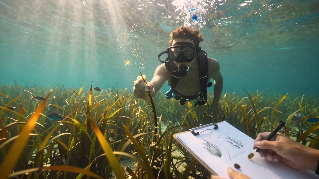 Mergulhador coleta amostra subaquática de plantas marinhas enquanto outra pessoa faz desenho científico.