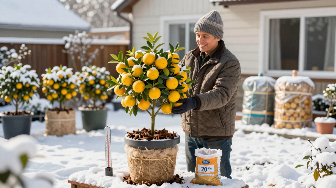 Homem cuidando de laranjeira em vaso em jardim coberto de neve durante inverno.