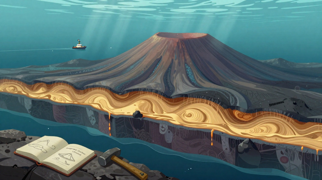 Ilustração submarina de um vulcão com camadas geológicas expostas, livro e martelo de geólogo.