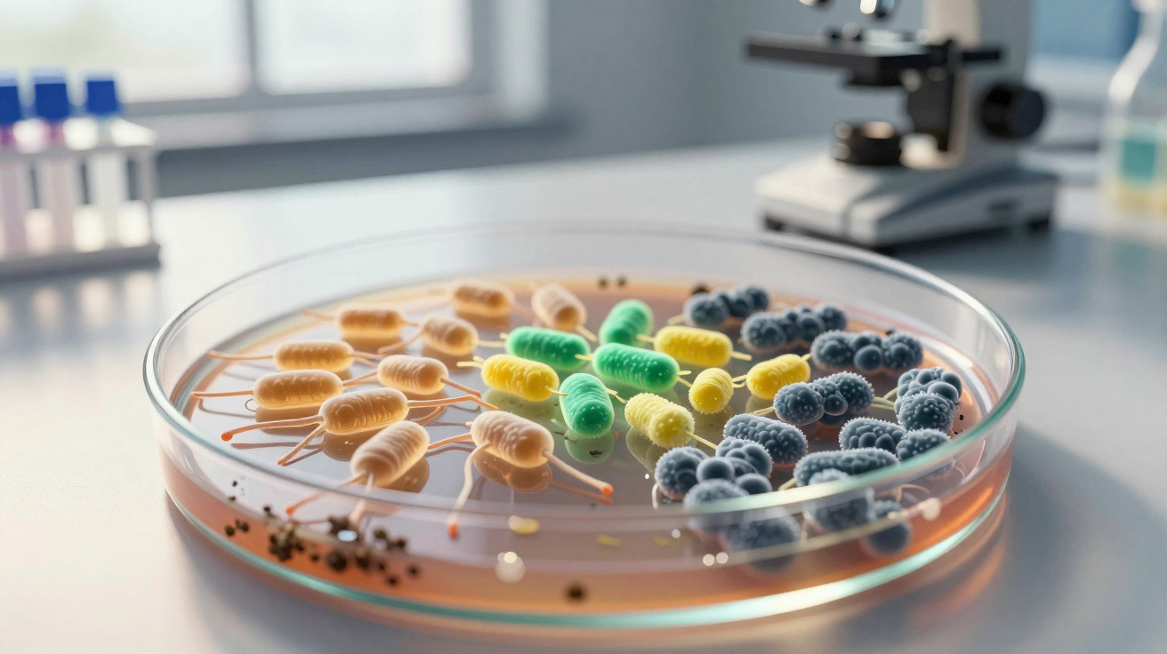 Placa de Petri com micro-organismos coloridos simulando vírus e bactérias em laboratório científico.