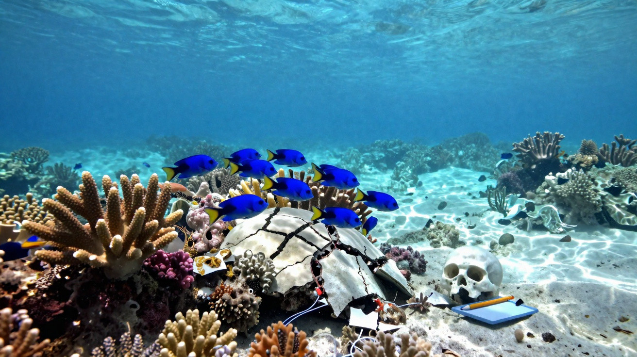 Recife de corais submerso com peixes azuis, crânio humano e itens tecnológicos no fundo do mar.