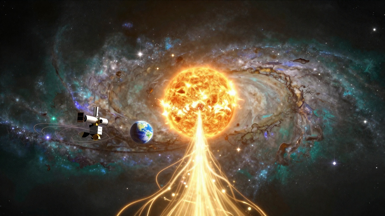 Ilustração do Sol emitindo radiação intensa, com a Terra e um satélite no espaço ao fundo.