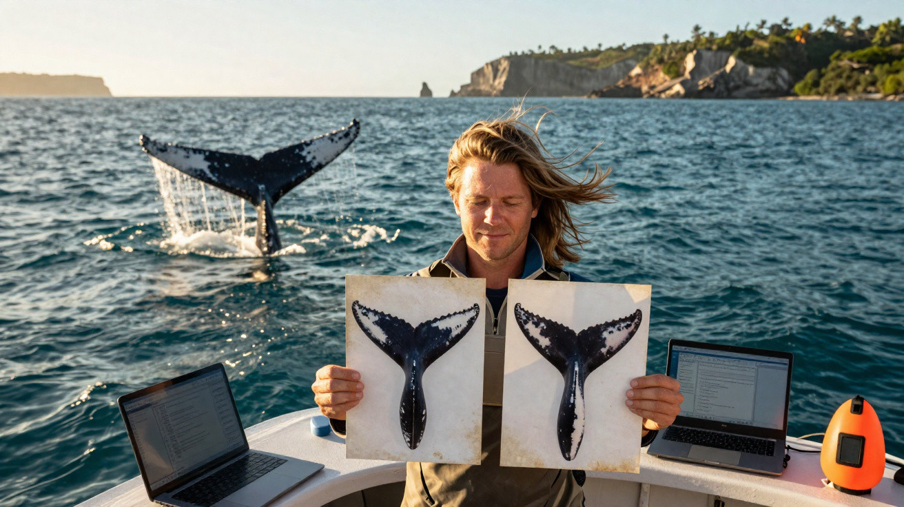 Homem em barco segura fotos de caudas de baleia com baleia real ao fundo no mar.