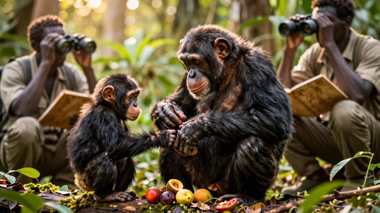 Dois chimpanzés interagindo entre frutas na floresta, enquanto dois homens observam com binóculos ao fundo.