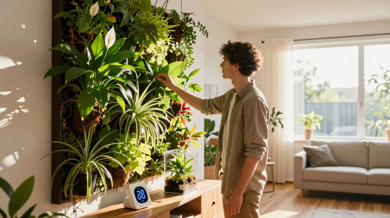 Jovem cuidando de plantas em uma parede verde dentro de uma sala iluminada com sofá e janela ao fundo.