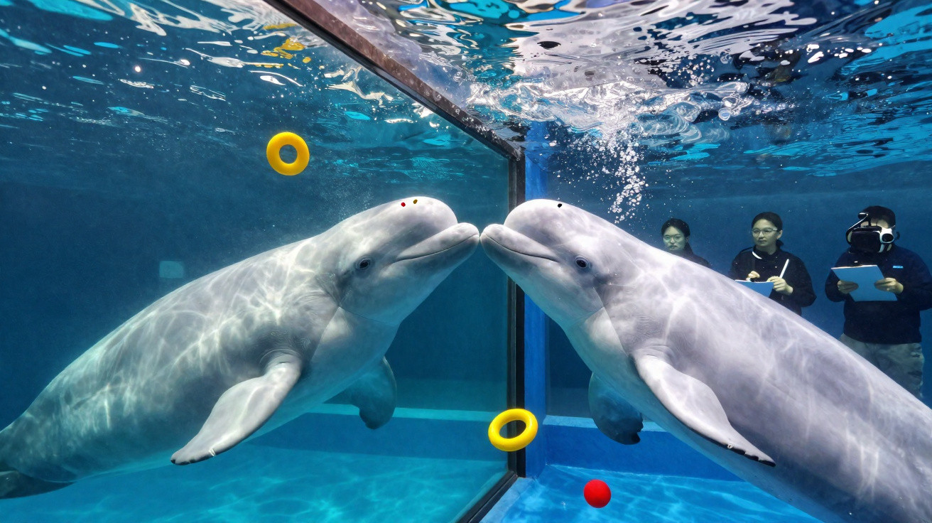Dois golfinhos em tanque tocam seus focinhos na parede de vidro, enquanto pessoas observam ao fundo.