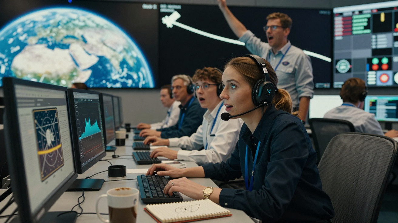 Equipe de controle espacial monitora dados em computadores com imagem da Terra ao fundo.