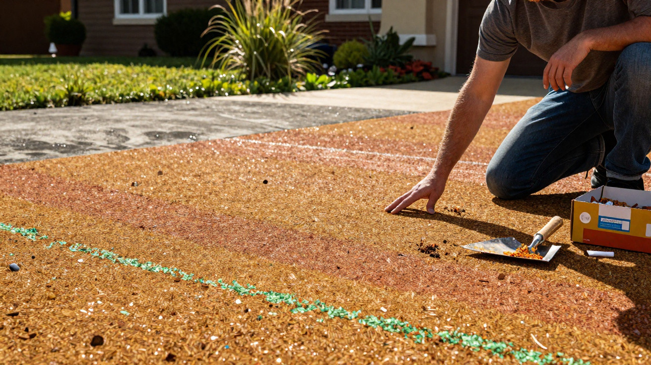 Pessoa aplicando revestimento colorido em piso de concreto em área externa residencial.