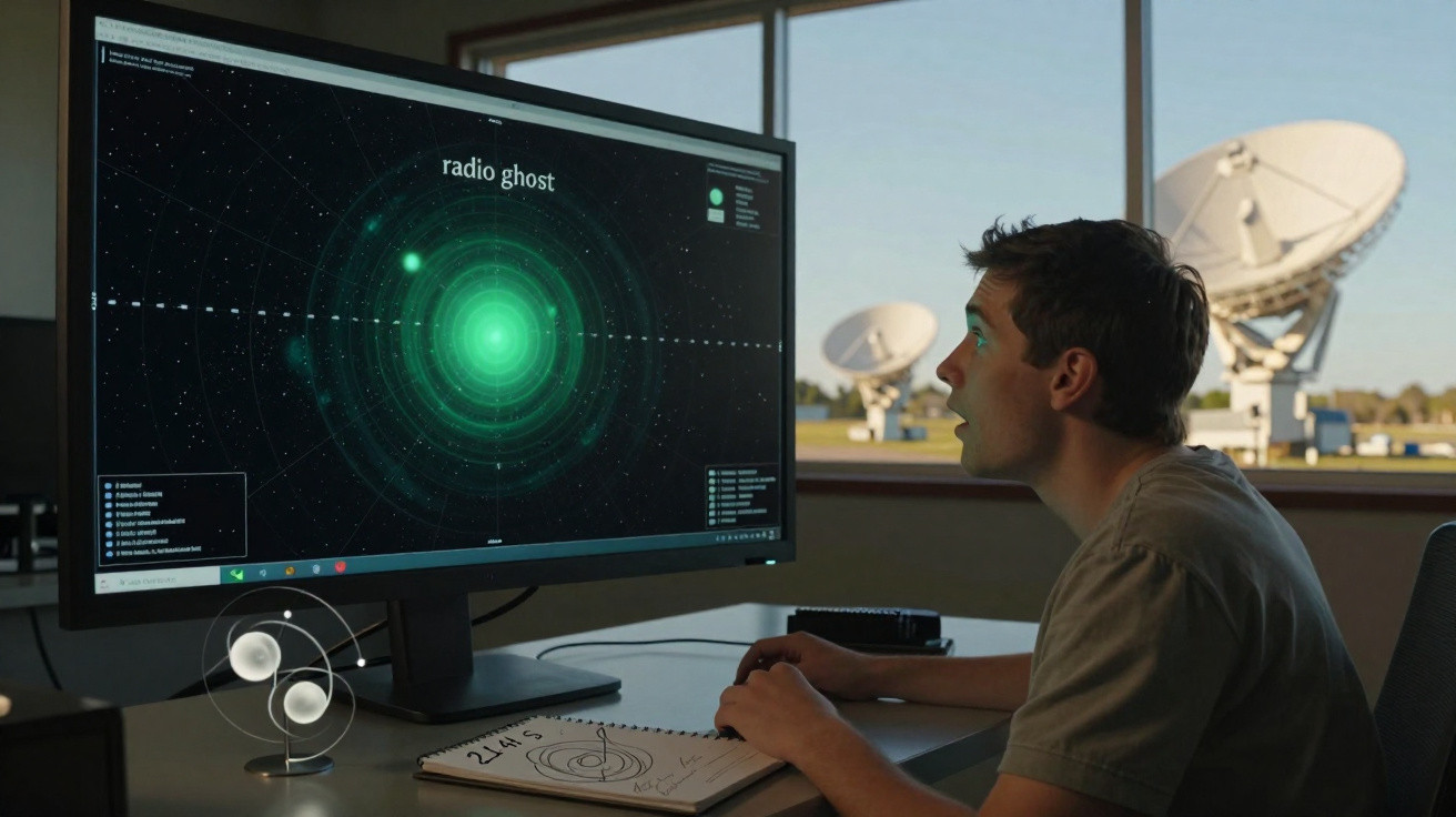 Homem observando tela com gráfico de sinal radio ghost em laboratório com antenas parabólicas ao fundo.