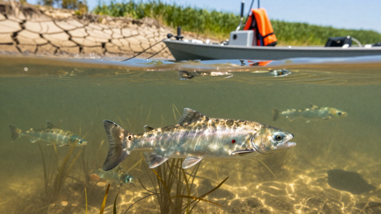Peixe nadando em água clara com barco e vegetação na margem ao fundo em dia ensolarado.
